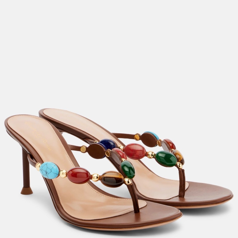 Elegant Jewel Embellished Brown Beaded  Thong Sandals Size:8 New W/O Box